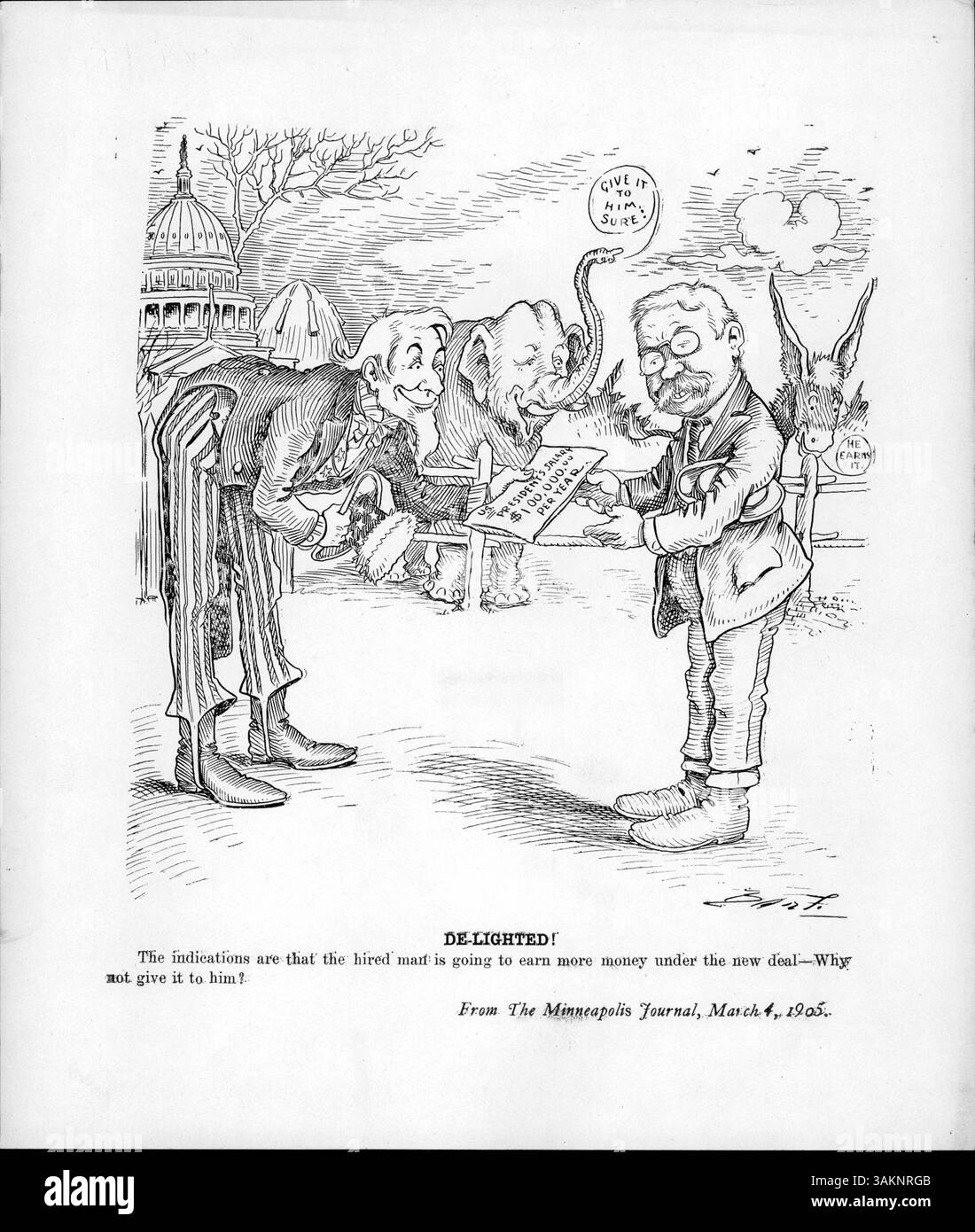 A cartoon titled 'De-Lighted!' depicts Uncle Sam presenting President Franklin D. Roosevelt with a salary increase to $100,000 per year. The cartoon humorously shows approval from both political parties as Roosevelt's second term begins. Stock Photo