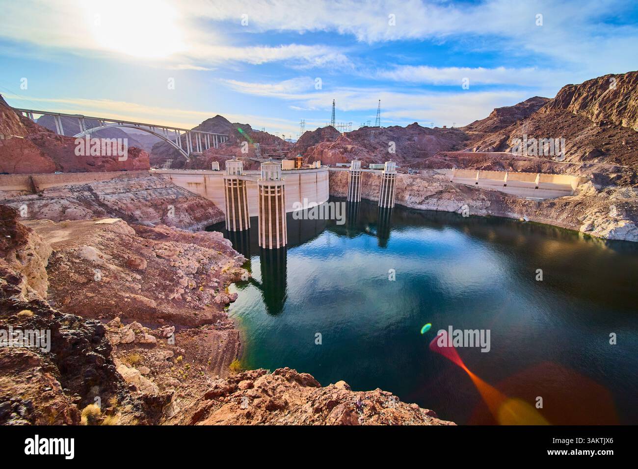 Hoover Dam and Memorial Bridge in Golden Desert Light Aerial Stock ...