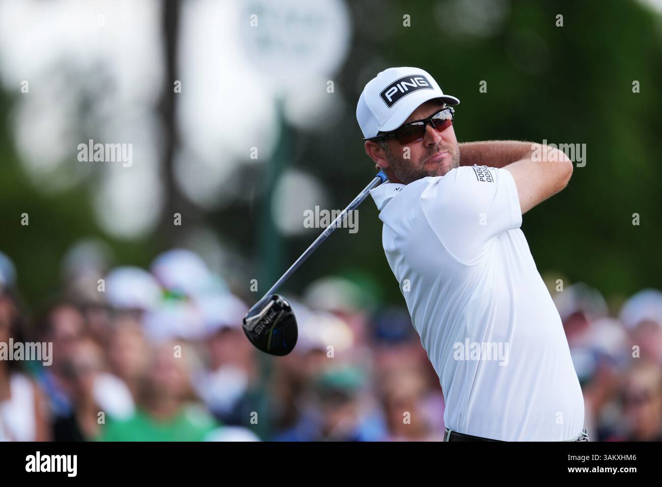 Augusta, USA. 12th Apr, 2025. Canada's Corey Conners tees off during the round 3 of the 2025 Masters golf tournament at Augusta National Golf Club in Augusta, the United States, on April 12, 2025. Credit: Wu Xiaoling/Xinhua/Alamy Live News Stock Photo