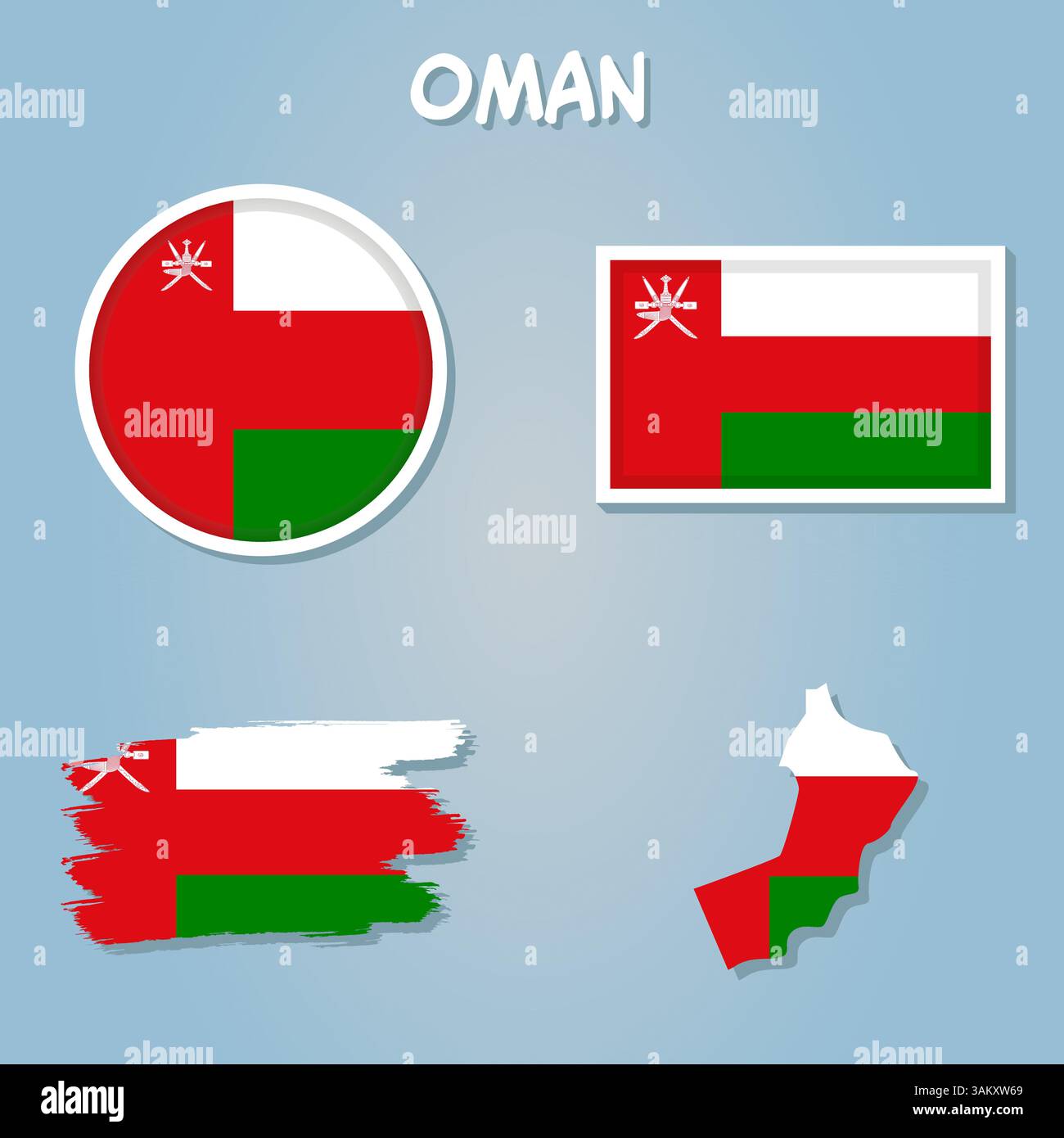 Flag of Sultanate of Oman overlaid on outline map isolated on blue ...