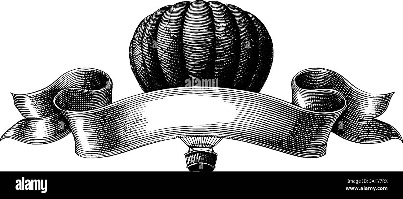 Vintage hot air balloon banner engraving for antique design and ...