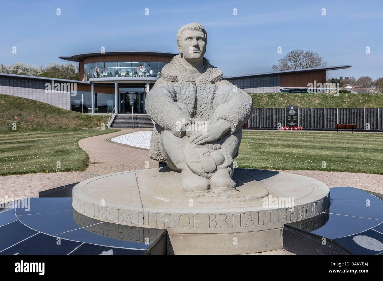 A sculpture of a world war two fighter pilot at The Battle of Britain Memorial at Capel-le-Ferne, Kent, UK. Stock Photo