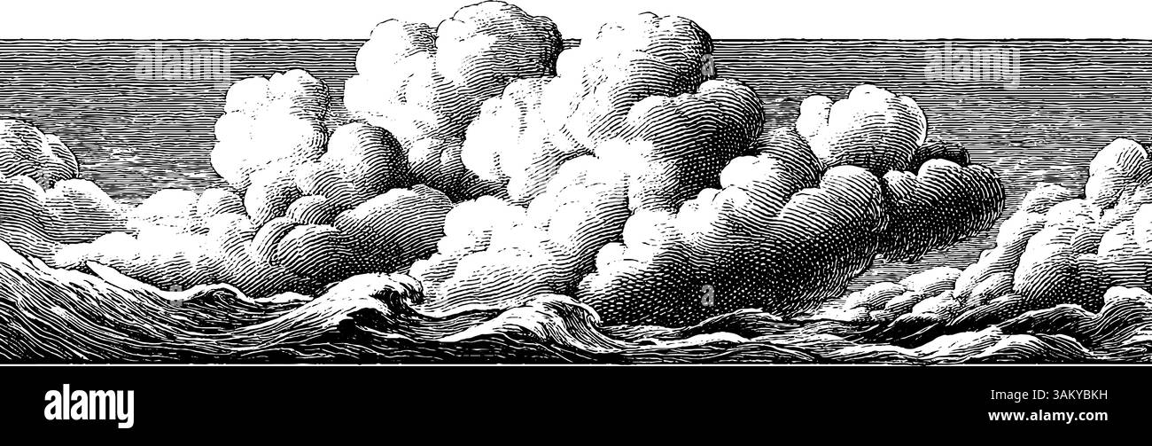 Vintage engraving of a stormy cloud over turbulent waves Stock Vector ...