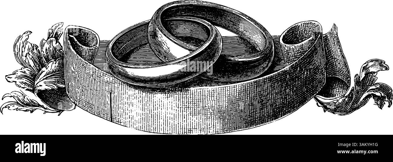 Vintage engraved wedding rings illustration with ornate ribbon ...