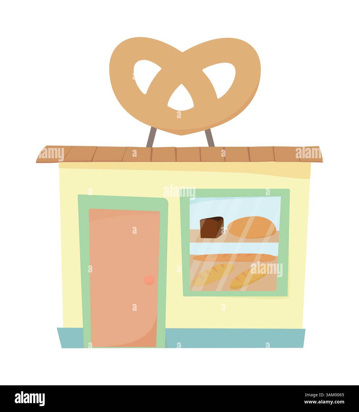 Bakery shop building, store bun and cafe. Cafe for production of bakery products. Freshly baked bread. Vector illustration. Stock Vector