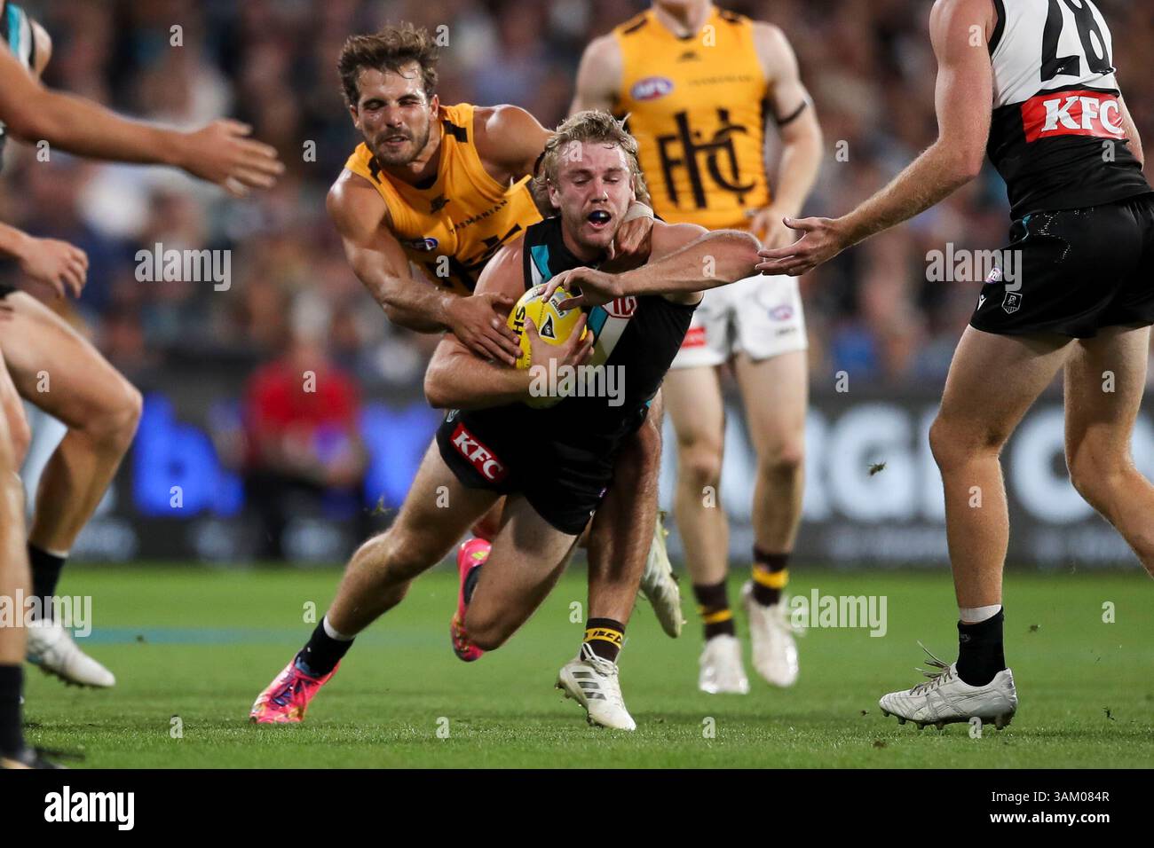 Jason Horne-Francis of the Power is tackled by Finn Maginness of the ...