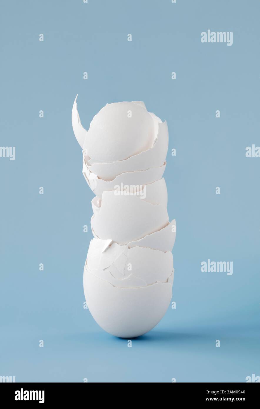 Stacked white eggshells on plain blue background Stock Photo