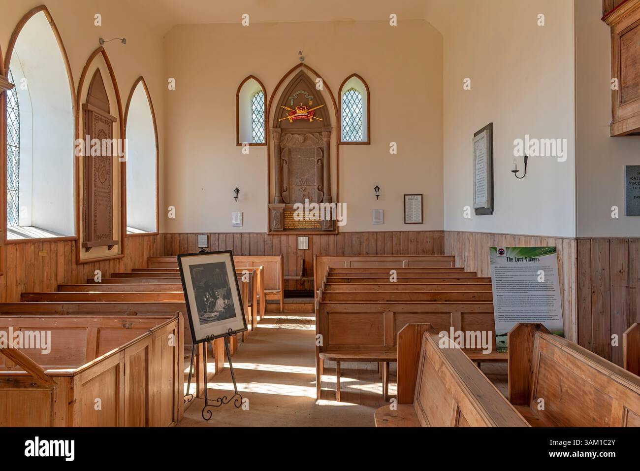 Kinneff Old Kirk Aberdeenshire Scotland church interior and the memorial plaque to Grainger who saved the Honours of Scotland Stock Photo