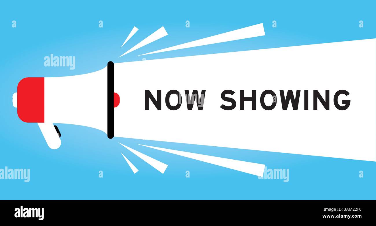 Color megaphone icon with word now showing in white banner on blue ...