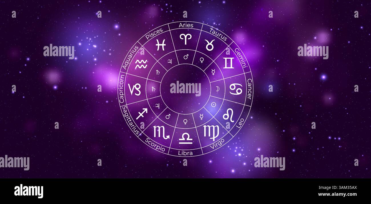 Circle with Zodiac Signs on Colorful Starry Space Background. Vector ...