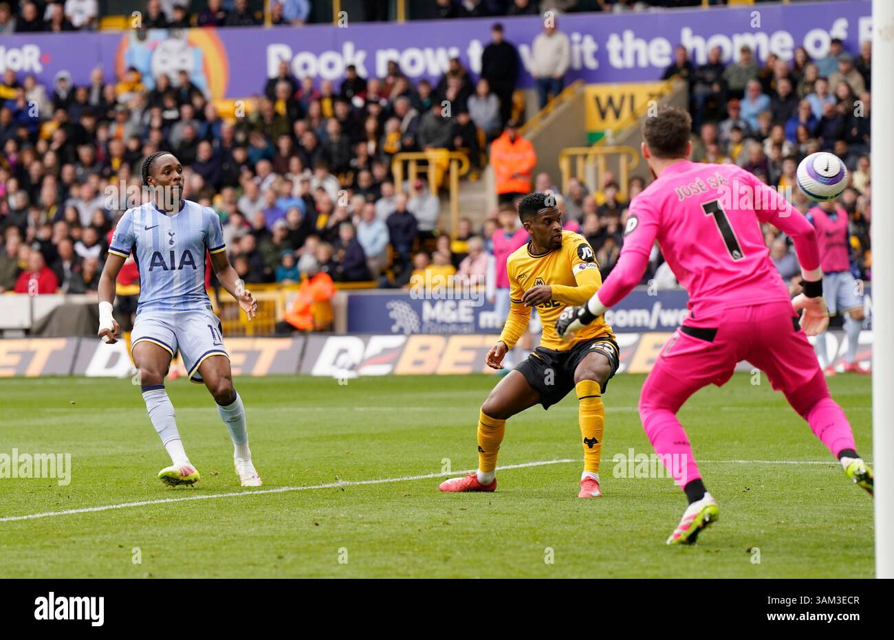 Wolverhampton, England, 13th April 2025. Mathys Tel of Tottenham scores ...