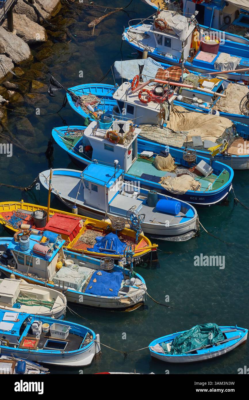 Aerial View of Colourful Fishing Boats Moored Peacefully in a Sunny ...