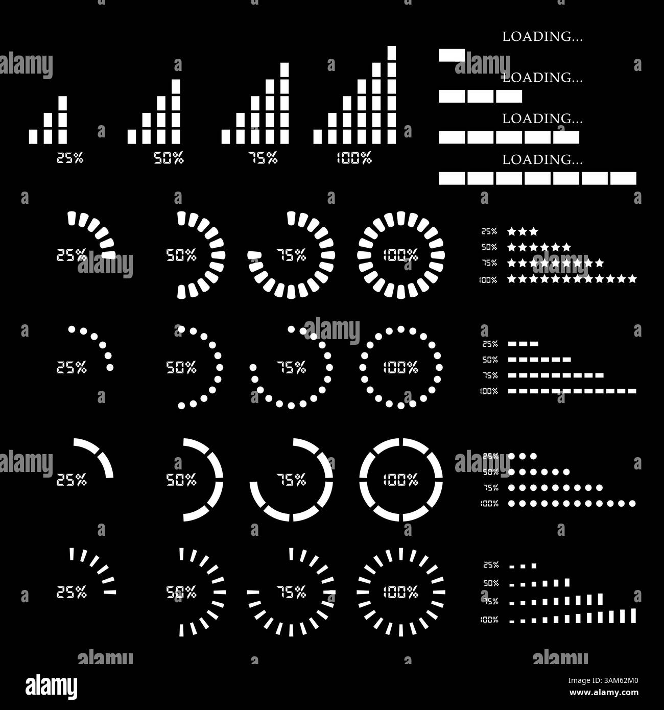 Set of website loading icon isolated on black background Stock Vector
