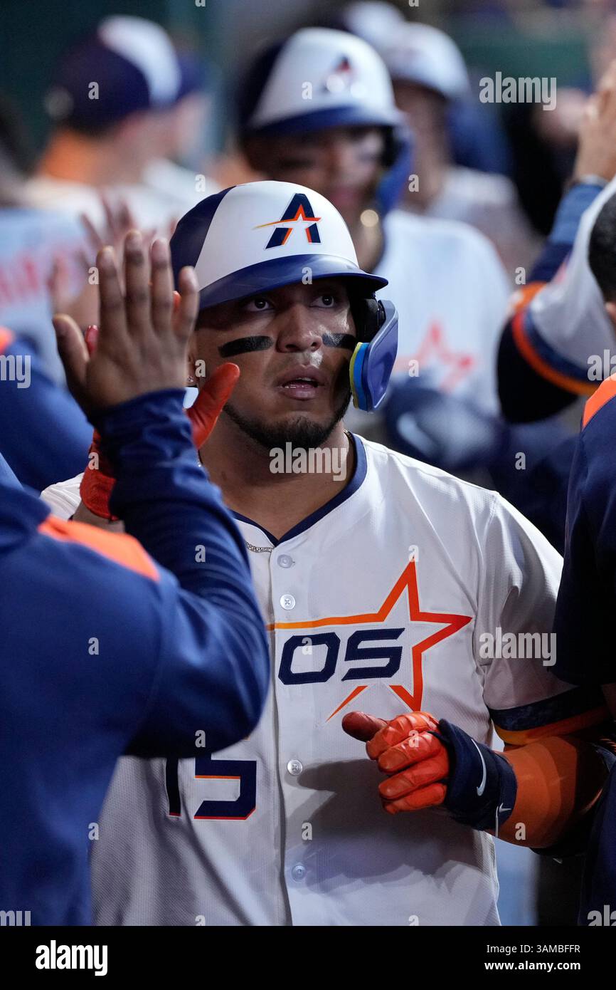 Houston Astros Isaac Paredes Is In The Dugout After Houston Astros Isaac Paredes Is In The Dugout After Hitting A Three Run Home Run During The Second Inning Of A Baseball Game Against The Los Angeles Angels Sunday April 13 2025 In Houston Ap Photokevin M Cox 3AMBFFR 