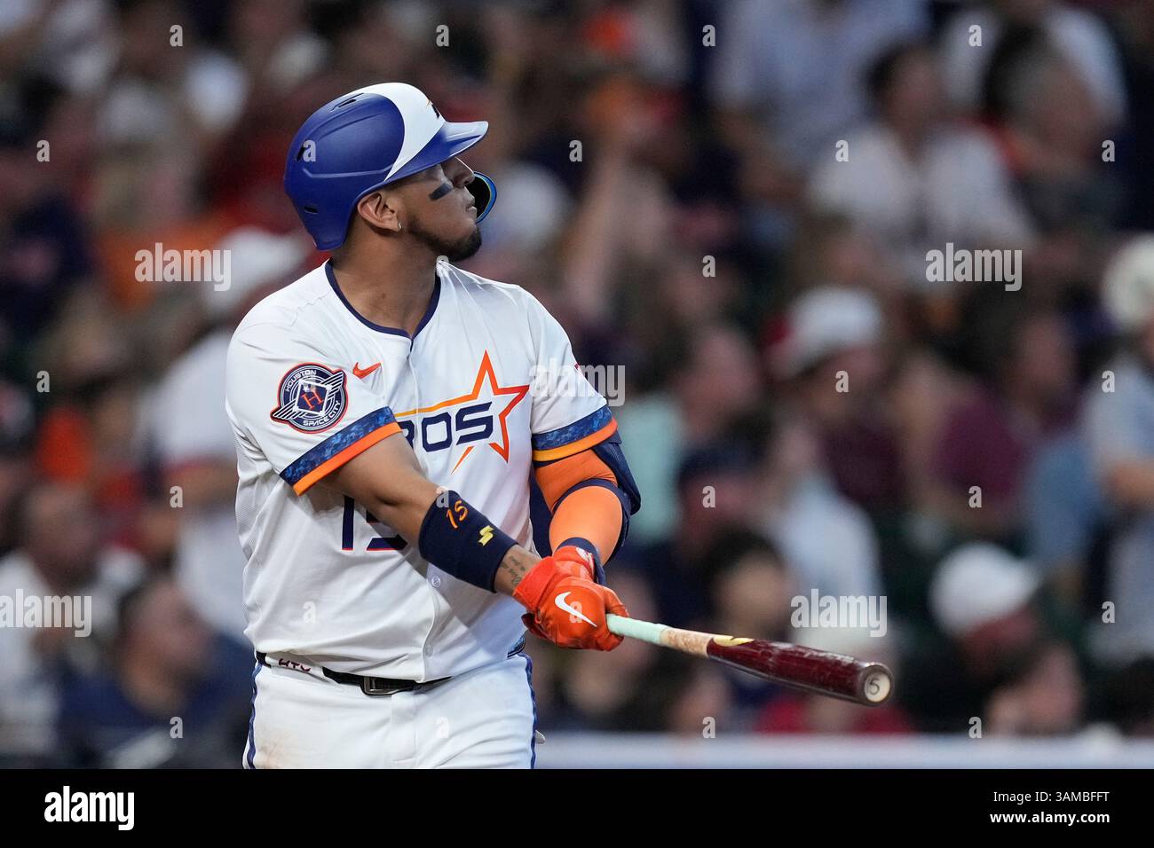 Houston Astros' Isaac Paredes watches his three-run home run during the ...