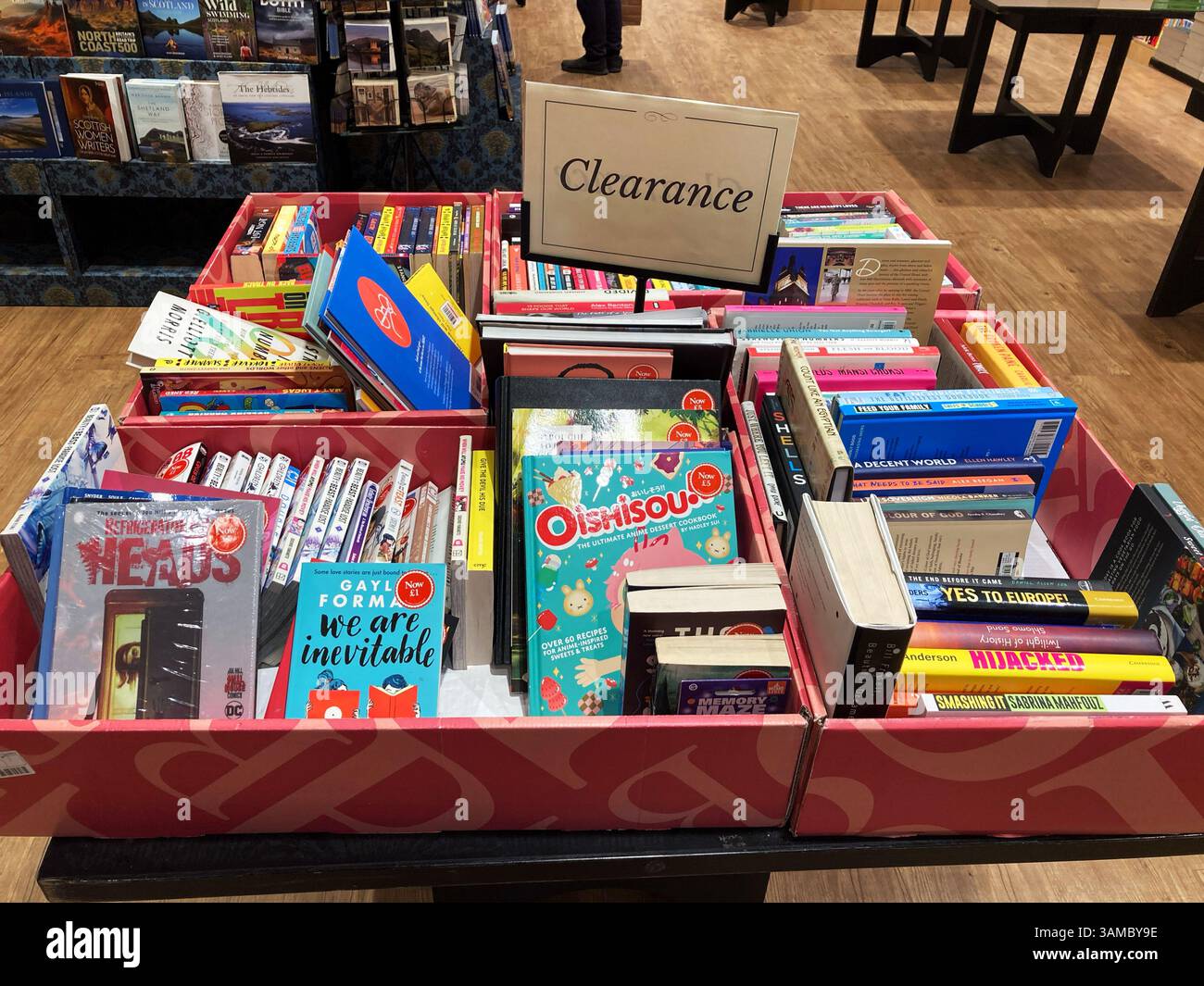 A selection of clearance books for sale at the book store Stock Photo