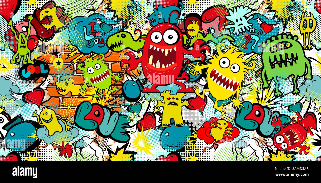 Colored seamless background with funny monsters. hand drawing. Not AI ...