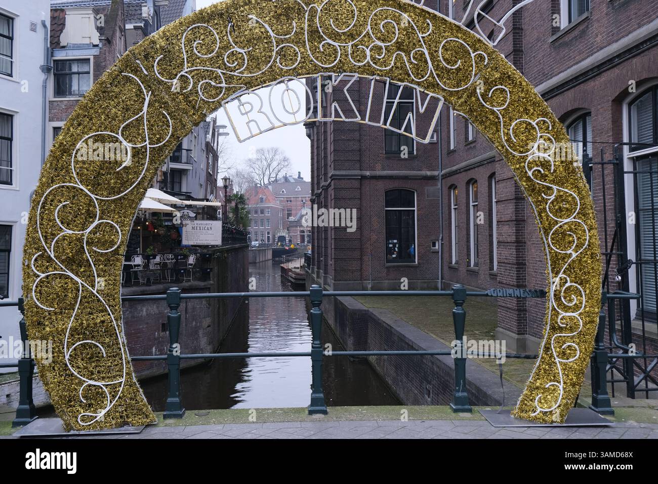 Rokin sign marking a bridge over a canal in amsterdam, netherlands Stock Photo
