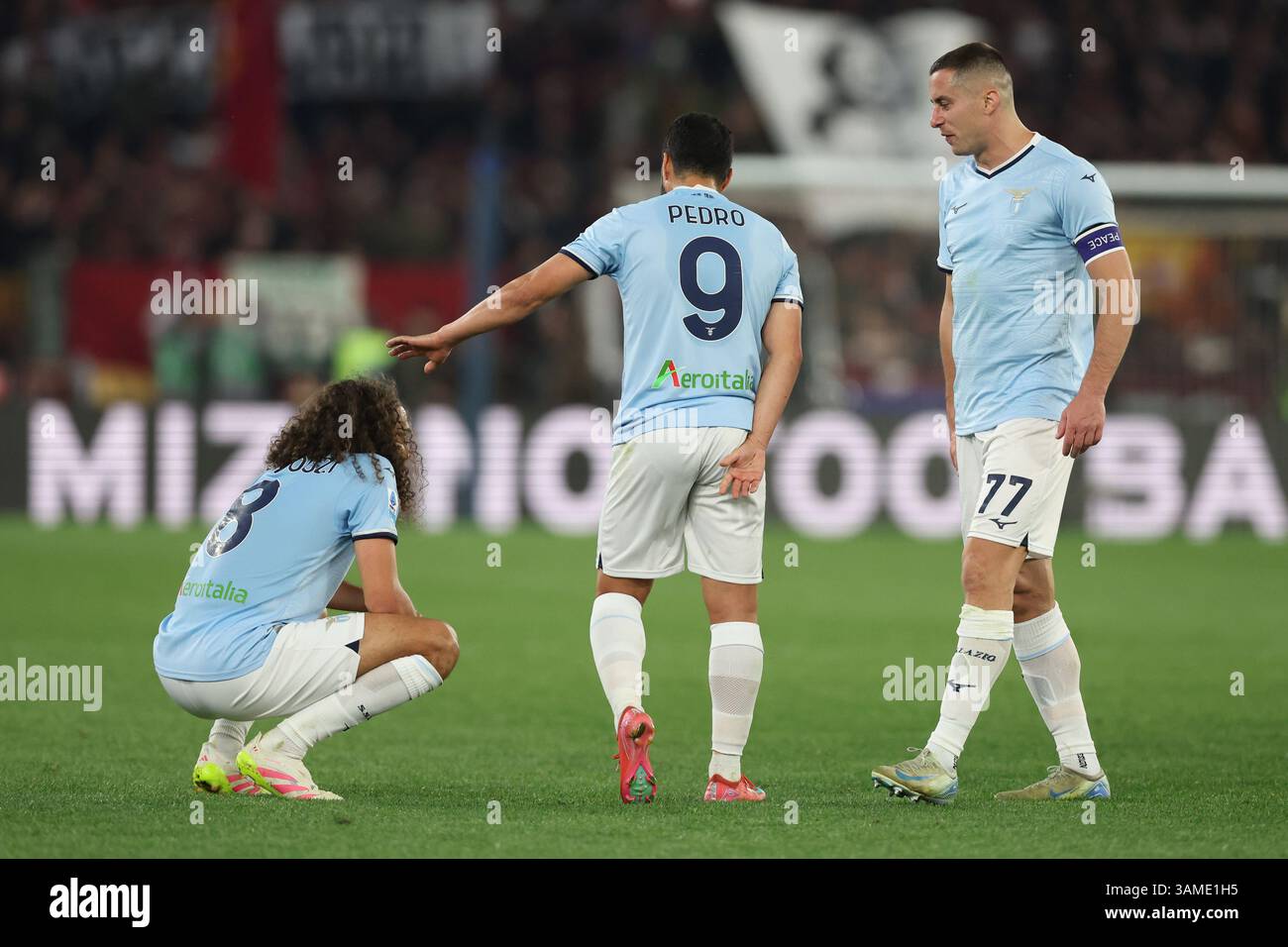 Pedro Rodriguez As Roma Rome, Italy 13.4.2025 : Matteo Guendouzi of Lazio, Pedro Rodriguez ...