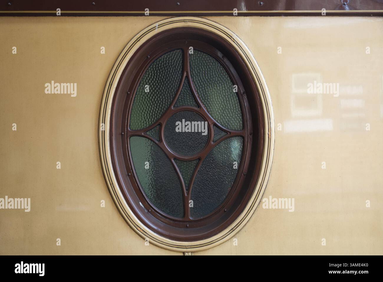 A vintage train carriage window at Sheffield Park Station - Bluebell Railway - East Sussex UK Stock Photo
