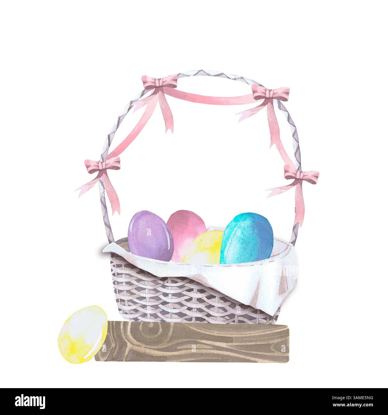 Easter colored eggs in a wicker basket with bows, watercolor ...