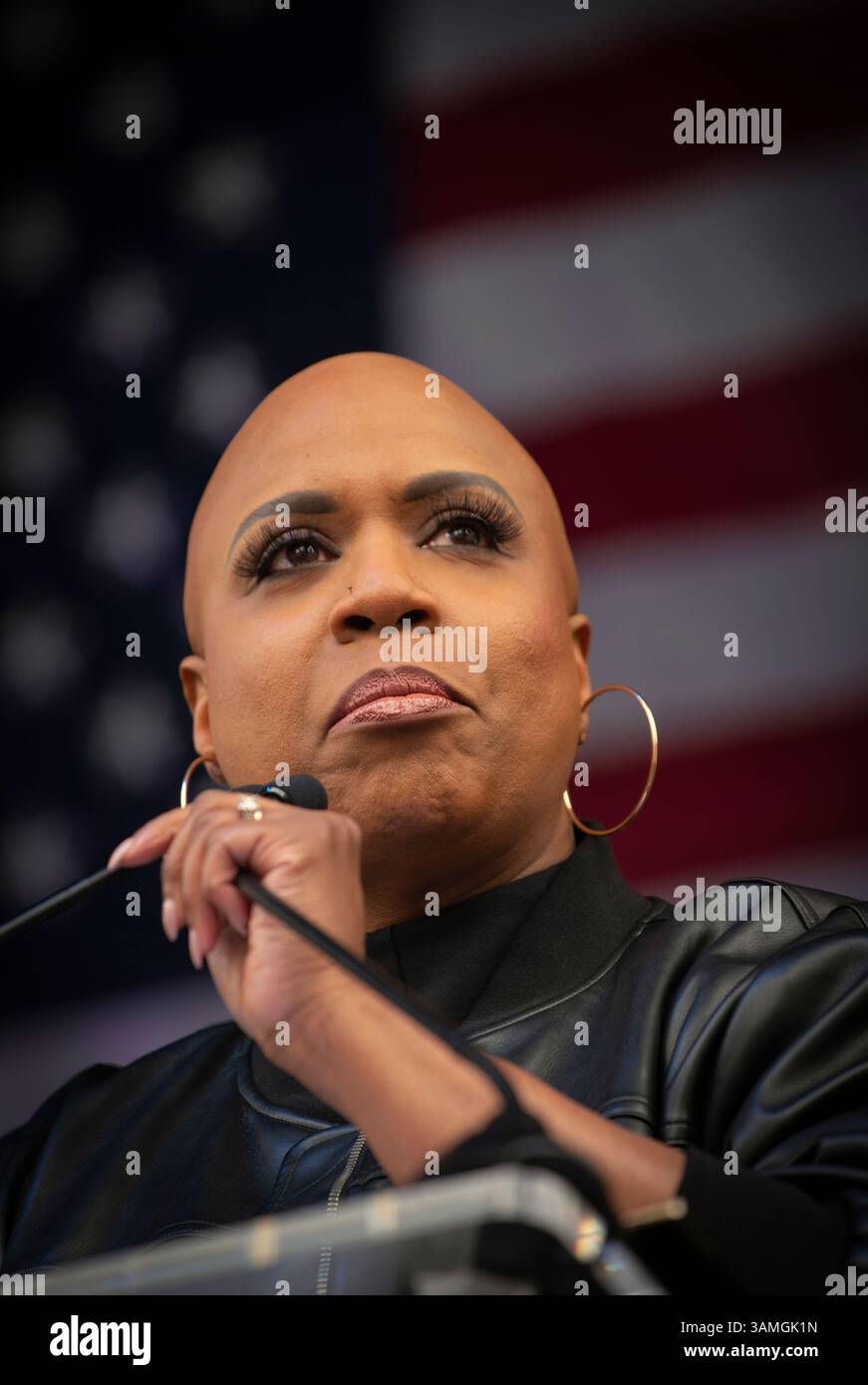 Democratic Congresswoman, Ayanna Pressley, on stage at Boston City Hall speaking to over 35,000 gathered for the Hands Off demonstration on 5 April 2025.  The Boston demonstration was one of more than 1,200 protests across the United States against current U.S. President Donald Trump and Elon Musk. Stock Photo