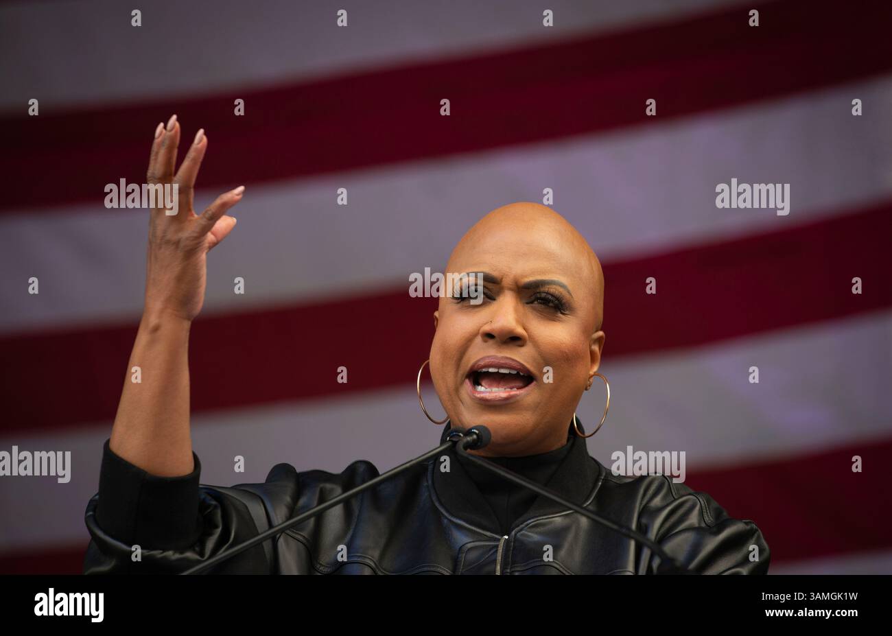 Democratic Congresswoman, Ayanna Pressley, on stage at Boston City Hall speaking to over 35,000 gathered for the Hands Off demonstration on 5 April 2025.  The Boston demonstration was one of more than 1,200 protests across the United States against current U.S. President Donald Trump and Elon Musk. Stock Photo