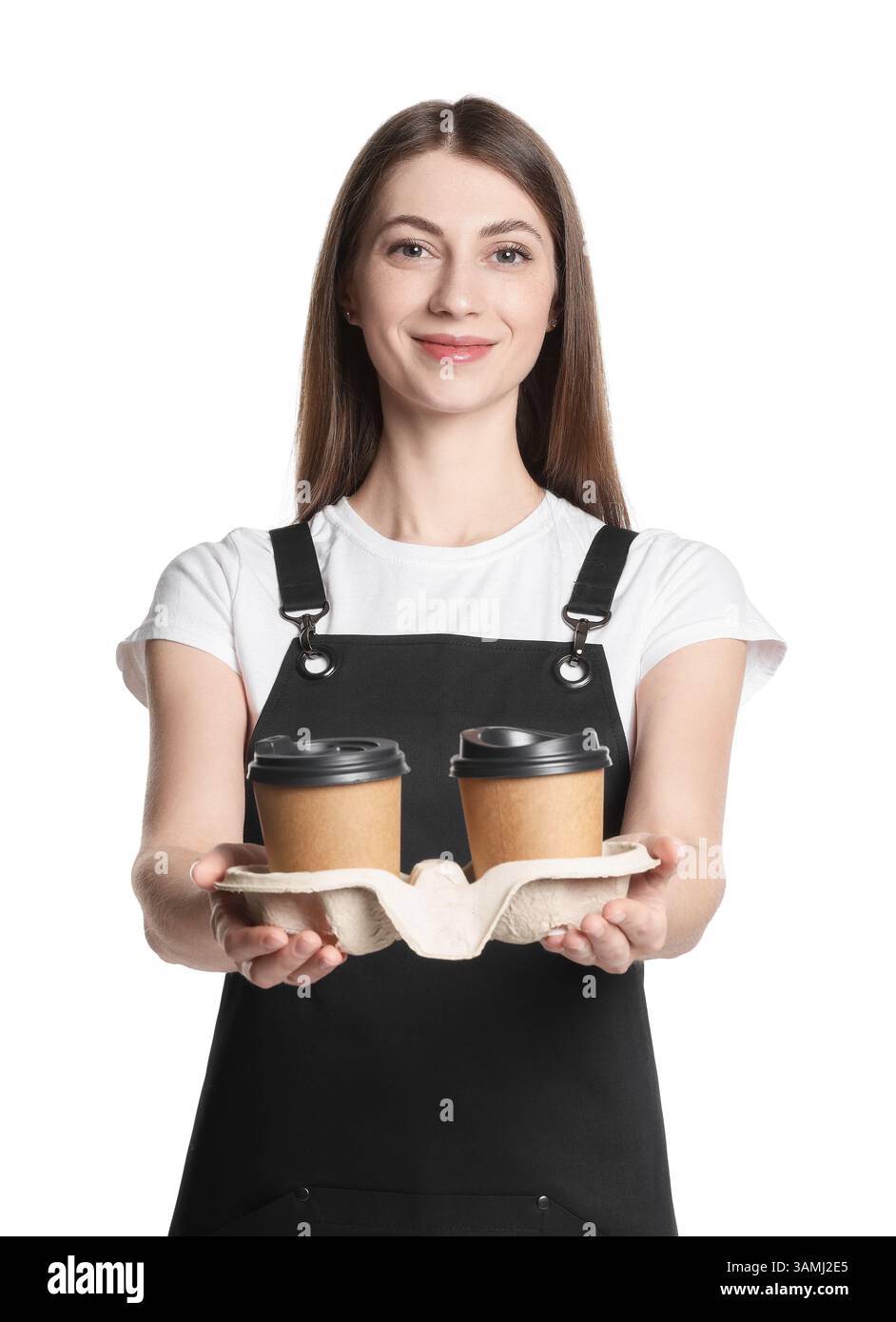 Portrait of barista with paper takeaway cups of hot drink on white ...