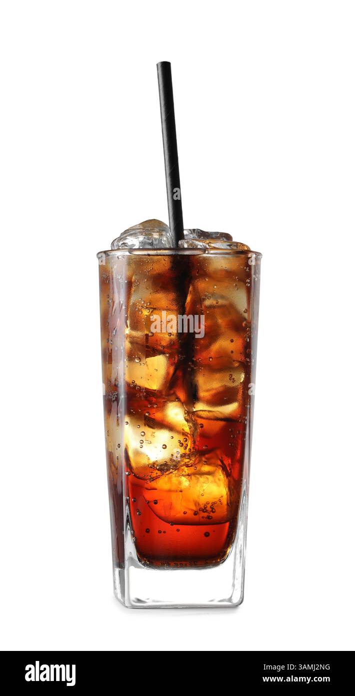 Glass of cola with ice cubes isolated on white Stock Photo - Alamy