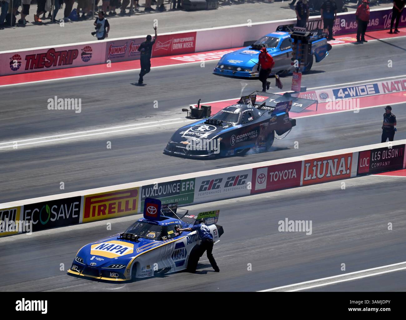 LAS VEGAS, NV - APRIL 13: Funny Car drivers, from near lane, Ron Capps ...