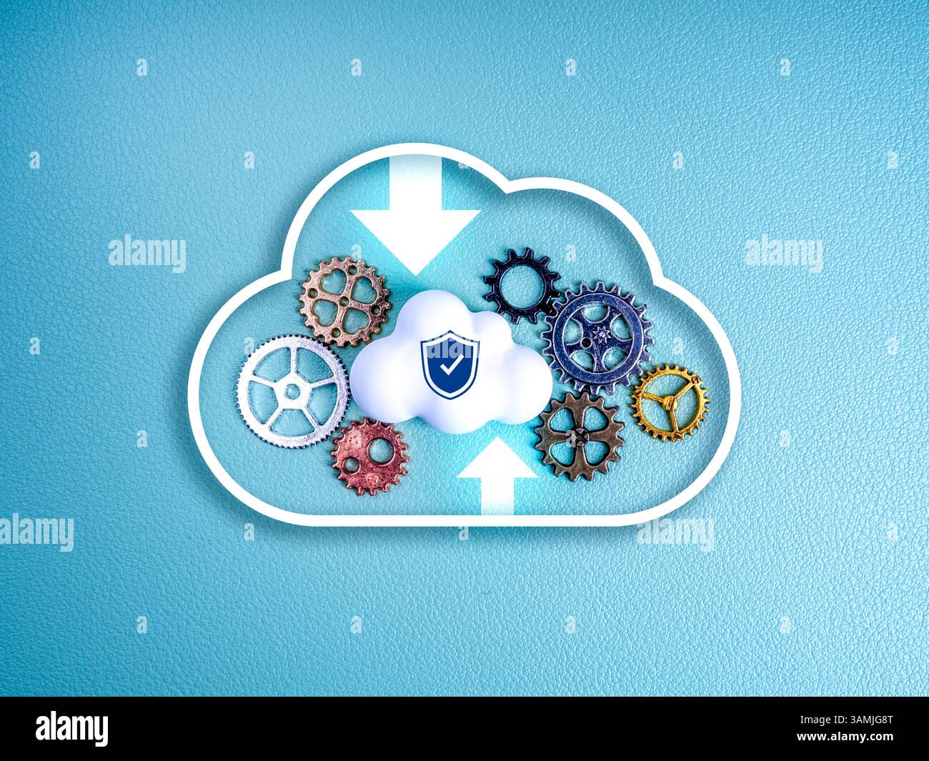 Cloud computing infrastructure technology, data system storage service concept. Digital shield padlock icon on white cloud with arrows and gears, mana Stock Photo