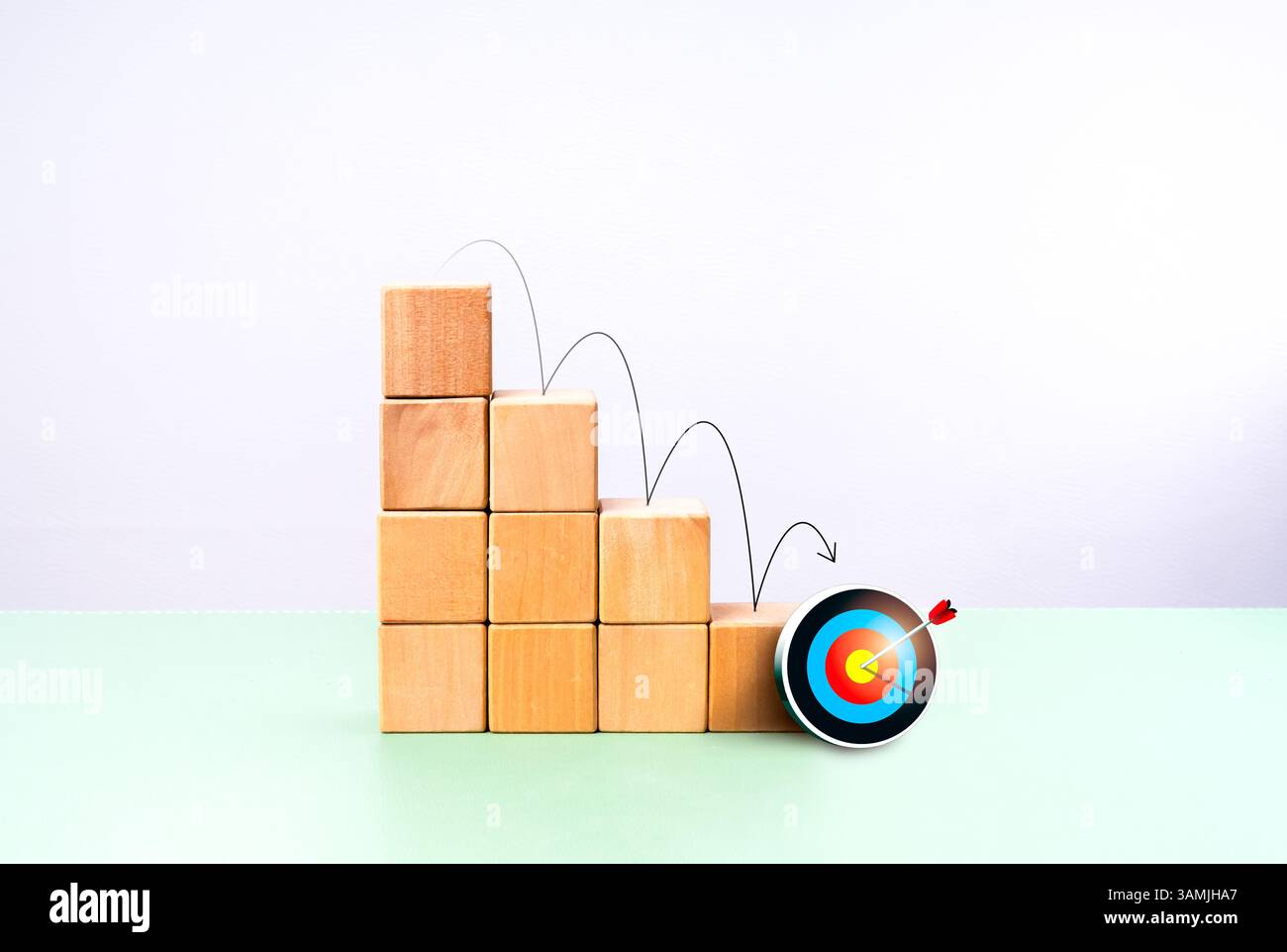 3d colorful target dart icon at the bottom of wooden cube blocks as bar ...