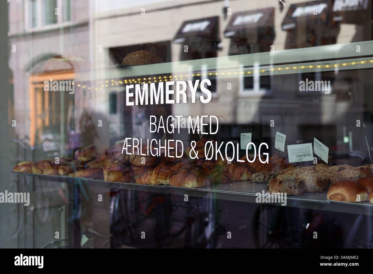 Logo and shopwindow of Danish coffeehouse and bakery Emmerys in Copenhagen Stock Photo