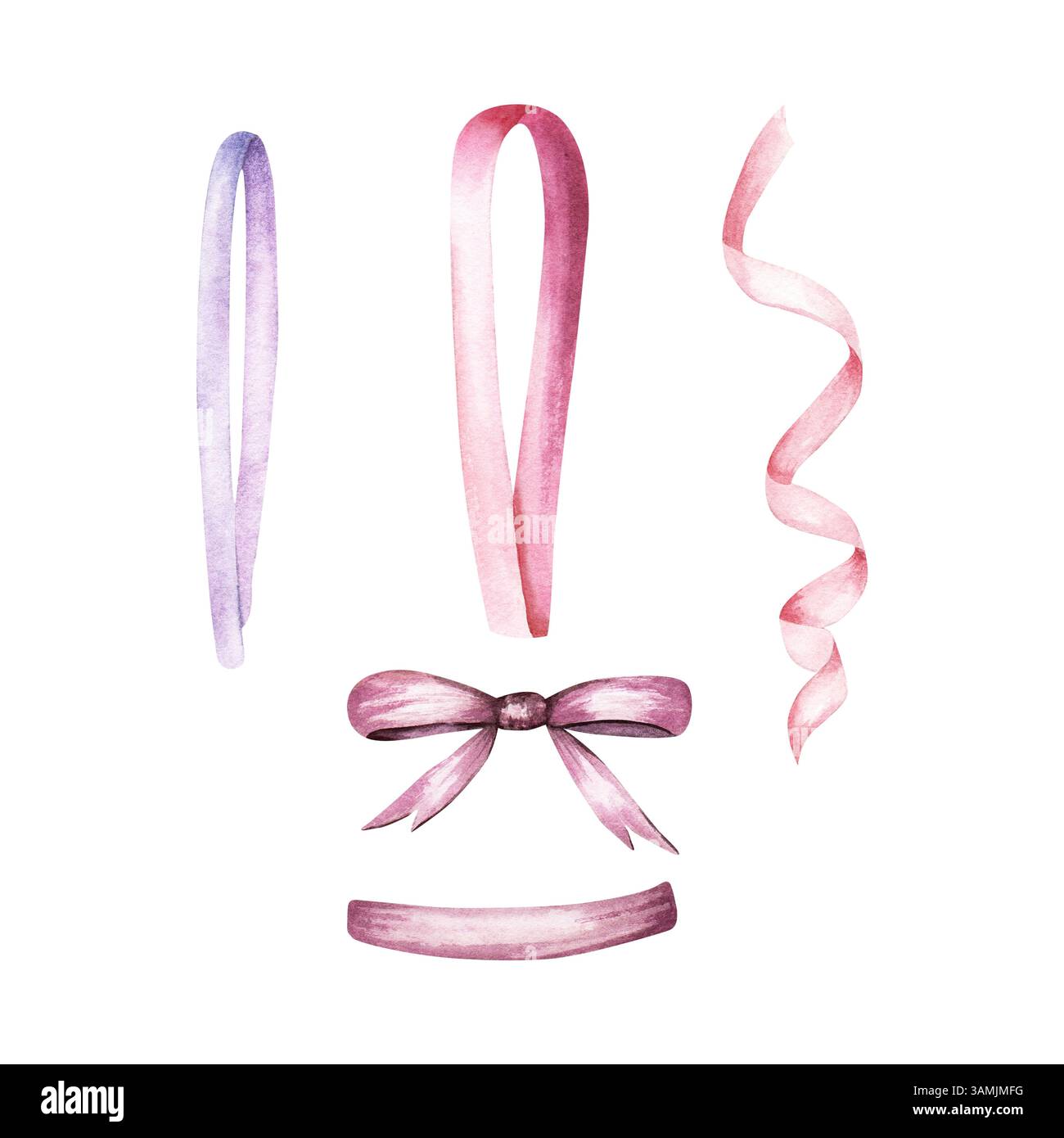 A set of ribbons, tapes and bow. Hand drawn watercolor illustration ...