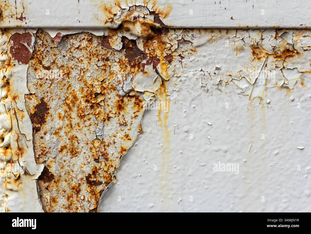 White corroded metal background. Rusty and scratched painted metal wall. Rusty metal background with streaks of rust Stock Photo