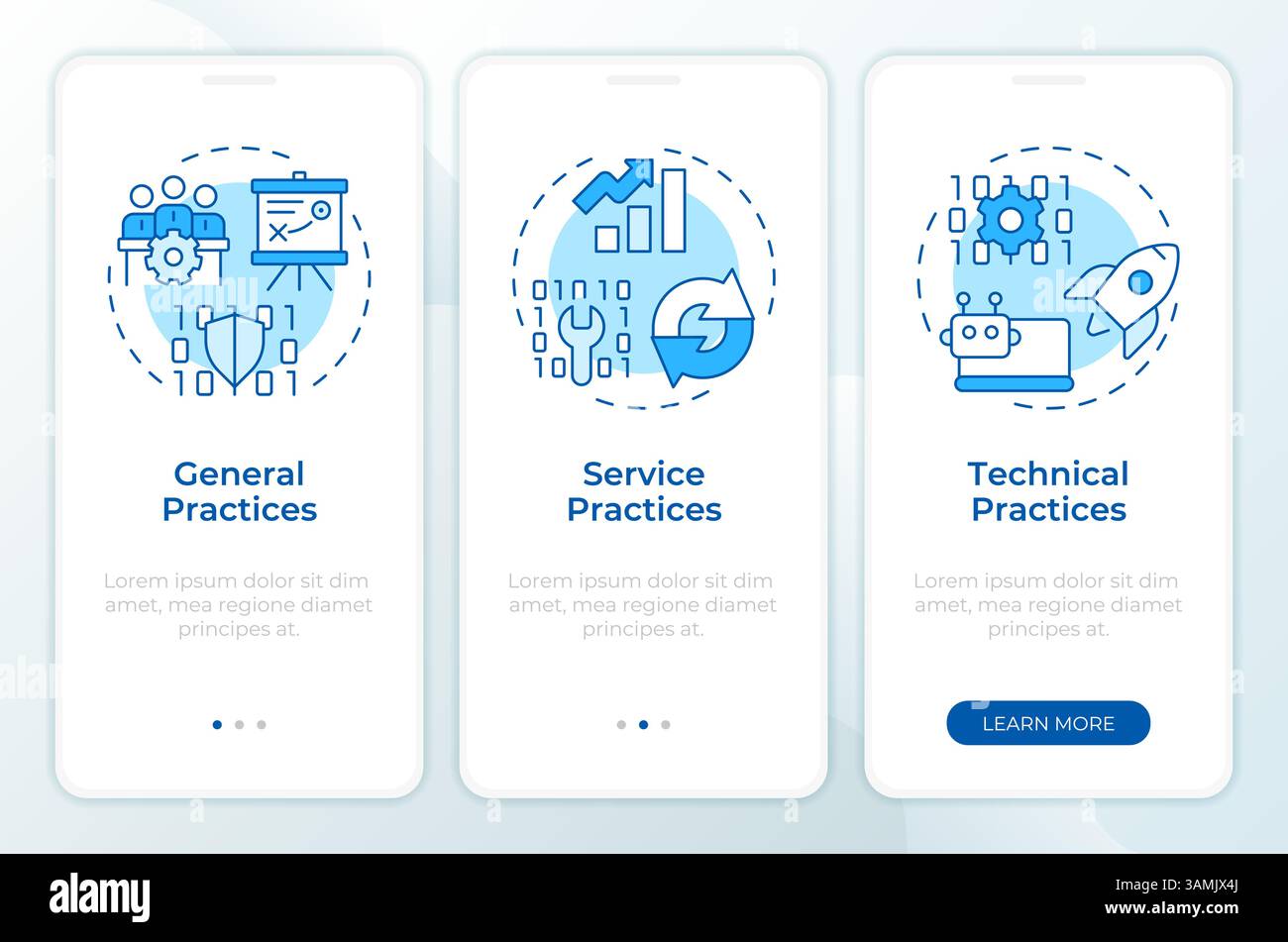 ITIL practices blue onboarding mobile app screen Stock Vector