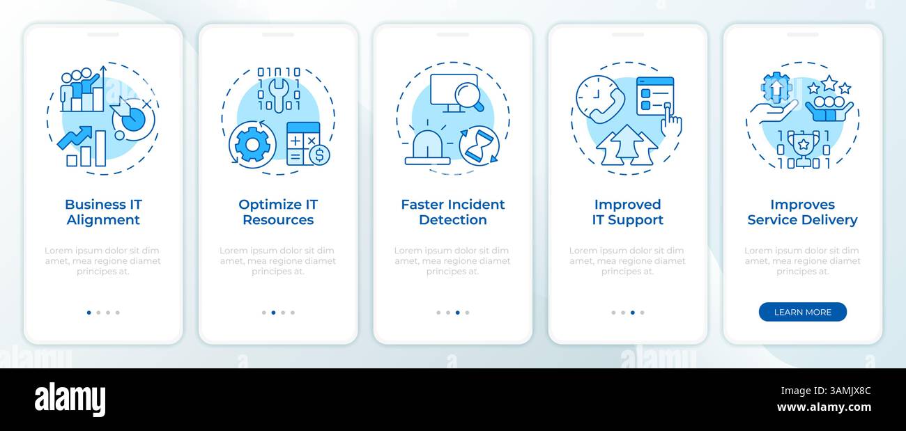 IT management benefits blue onboarding mobile app screen Stock Vector