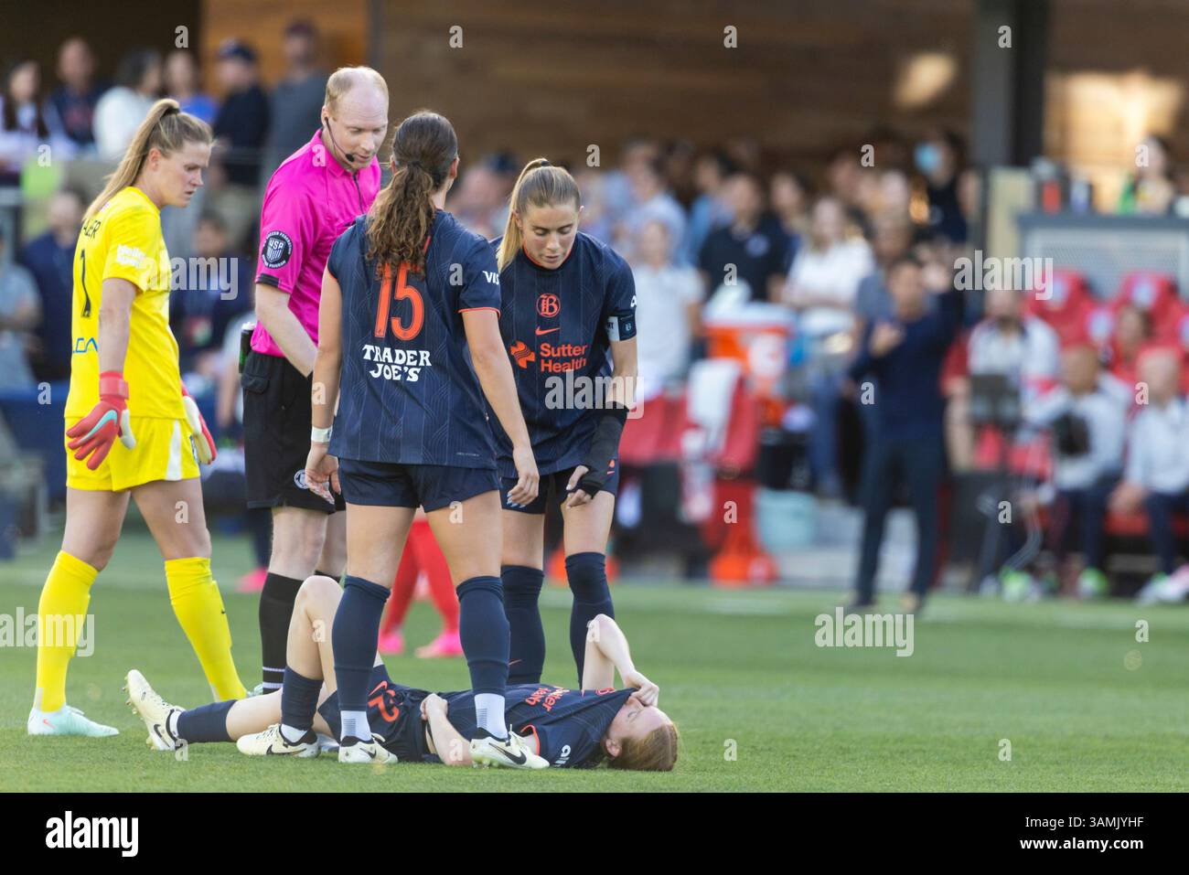 SAN JOSE, CA - APRIL 13: Tess Boade #12 of Bay FC lies on the ground ...