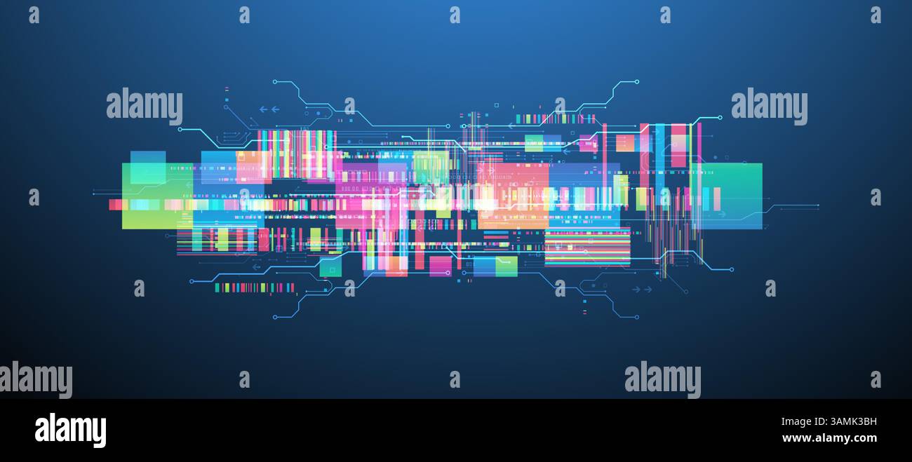 Technological background with colorful squares glowing on a blue gradient. Vector. Stock Vector