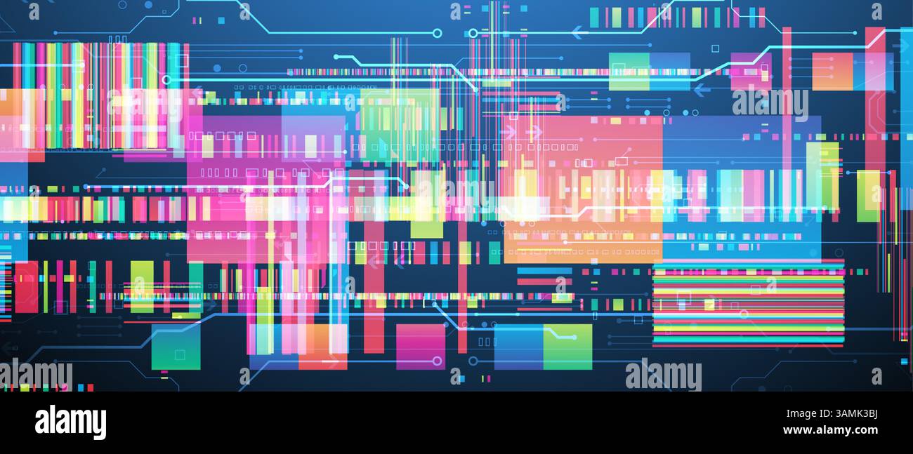 Technological background with colorful squares glowing on a blue gradient. Vector. Stock Vector