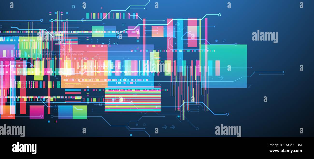 Technological background with colorful squares glowing on a blue gradient. Vector. Stock Vector