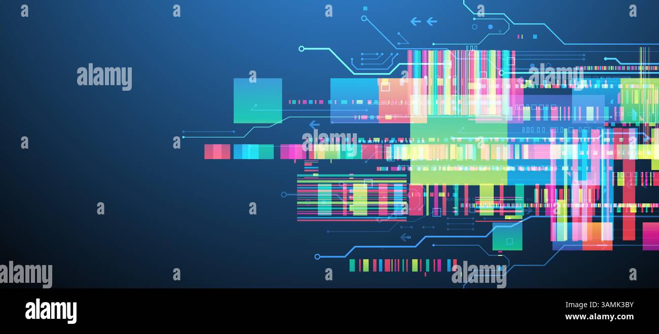 Technological background with colorful squares glowing on a blue gradient. Vector. Stock Vector