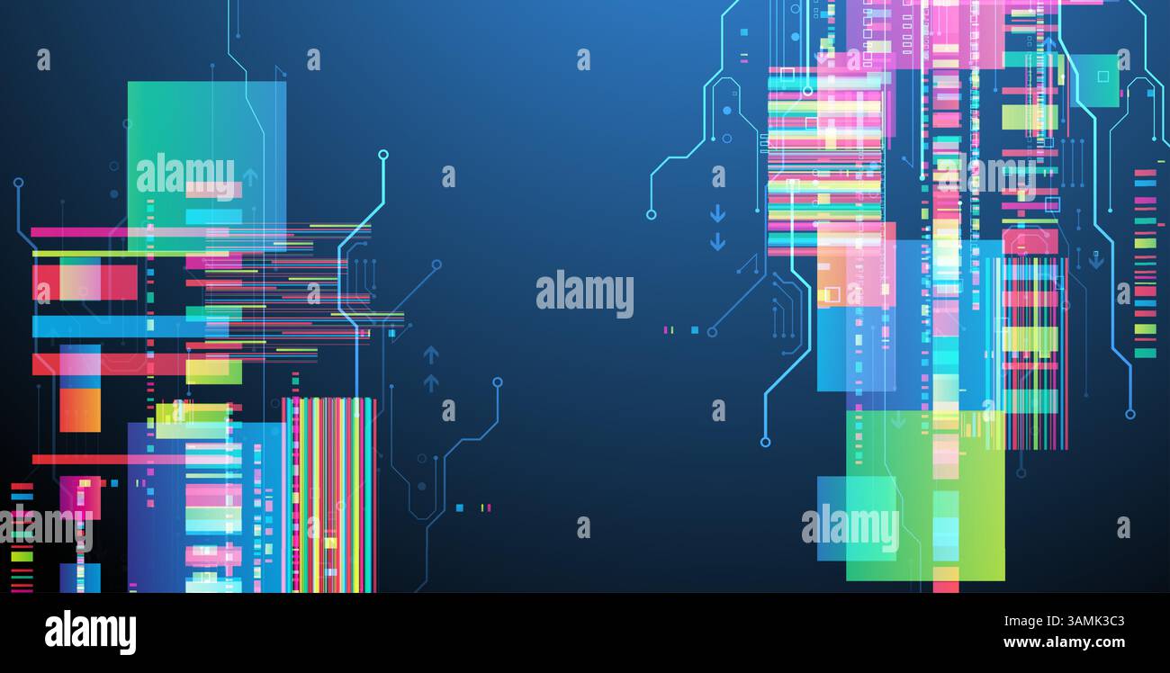 Technological background with colorful squares glowing on a blue gradient. Vector. Stock Vector