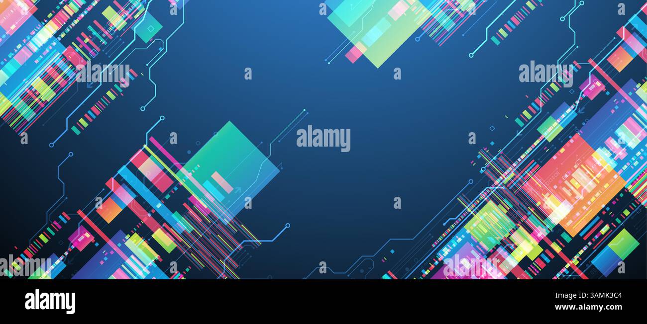 Technological background with colorful squares glowing on a blue gradient. Vector. Stock Vector