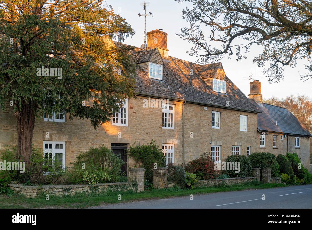 Houses in the spring sunset light. Spelsbury. Cotswolds, Oxfordshire. England. Stock Photo