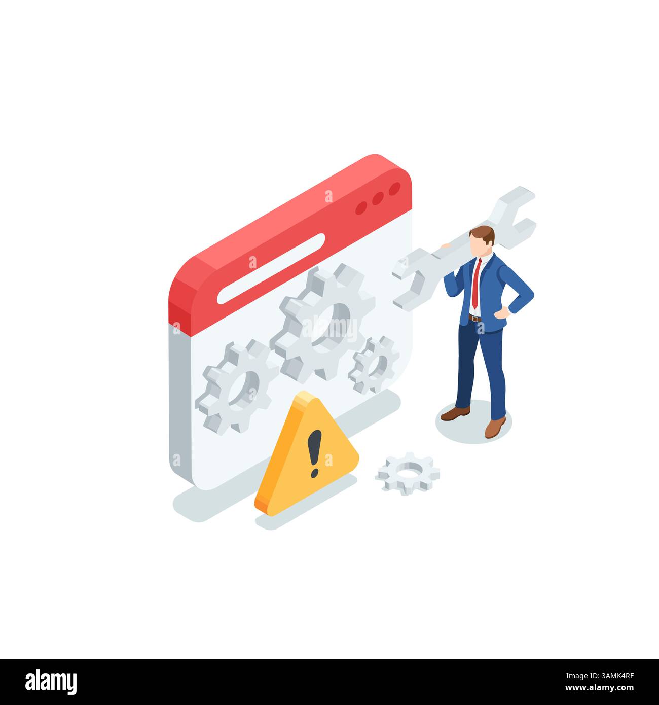 isometric vector business man with a wrench standing near a program ...