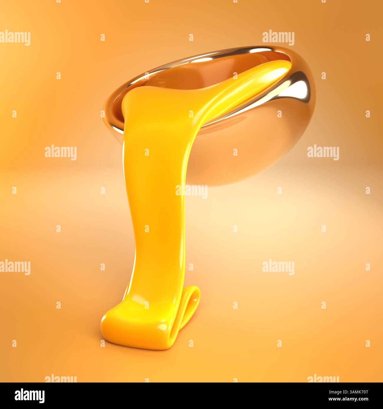 Melted cheese cascades smoothly from a rounded, reflective bowl against a warm orange backdrop, creating a visually appealing and delicious sensation Stock Photo