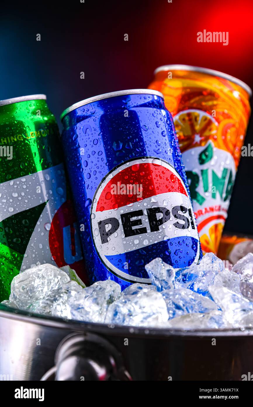 POZNAN, POL - MAR 21, 2025: Flagship products of PepsiCo: Pepsi, 7 Up and Mirinda Stock Photo
