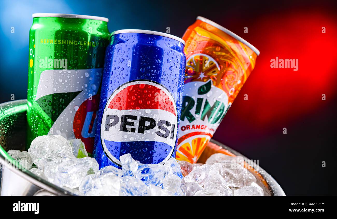 POZNAN, POL - MAR 21, 2025: Flagship products of PepsiCo: Pepsi, 7 Up and Mirinda Stock Photo