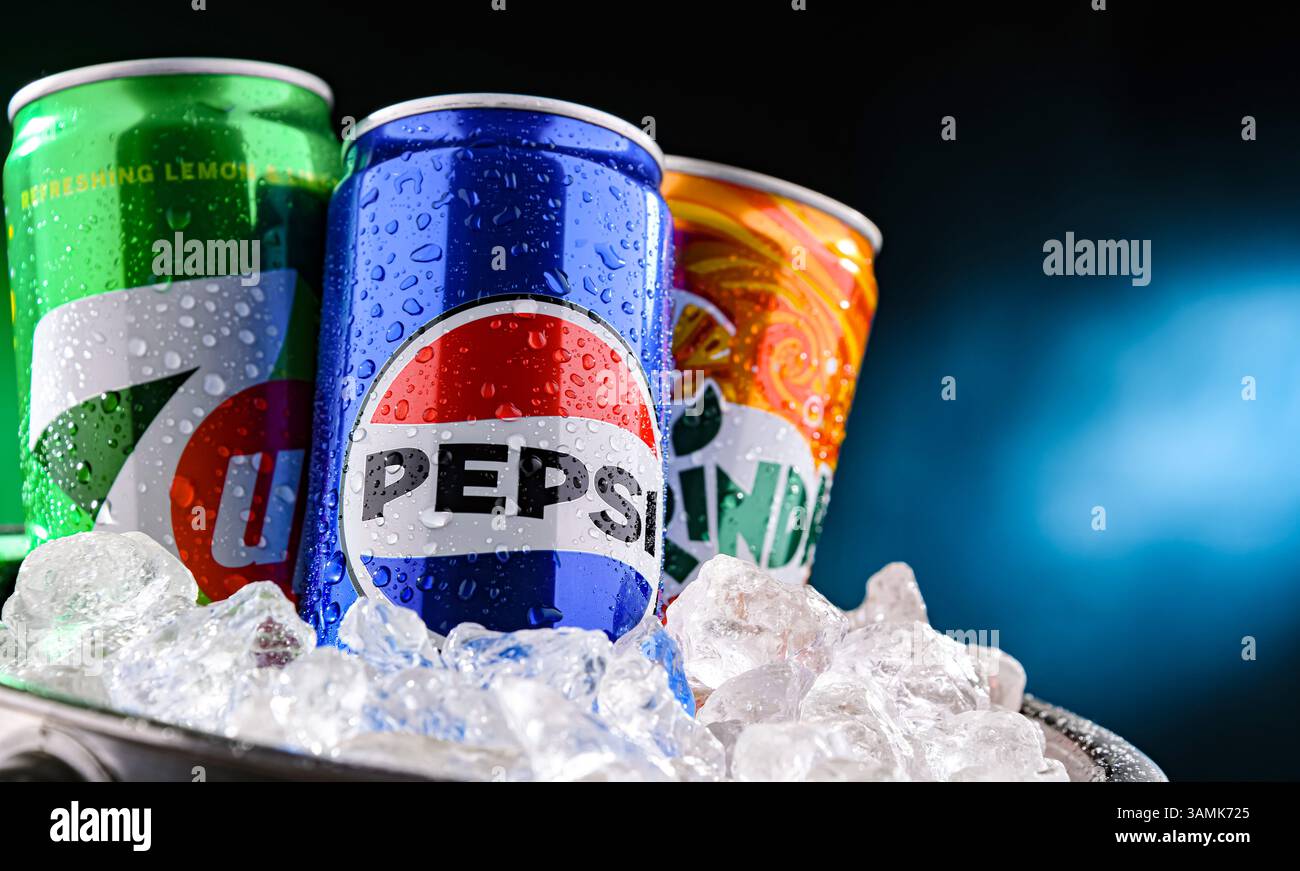 POZNAN, POL - MAR 21, 2025: Flagship products of PepsiCo: Pepsi, 7 Up and Mirinda Stock Photo